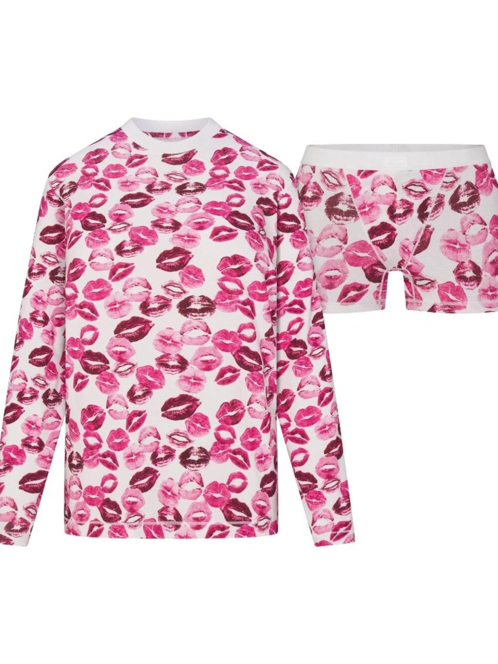 💋🎀SKIMS Boyfriend Long Sleeve and Boxer Set | Pink Allover Lipstick | S | NWT